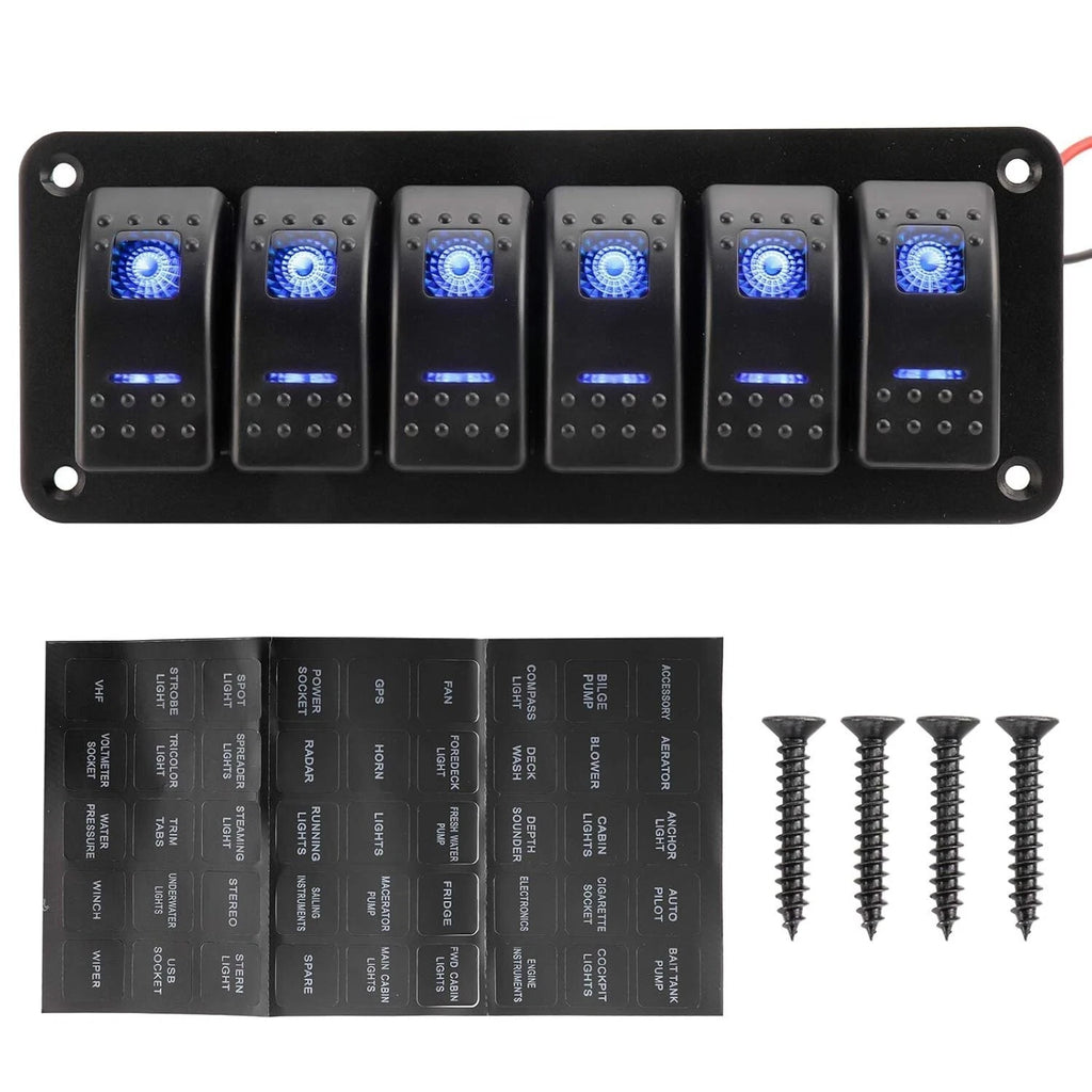 6 Gang Rocker Switch Panel for RV Car Boat Marine (12V/24V) - Blue LED