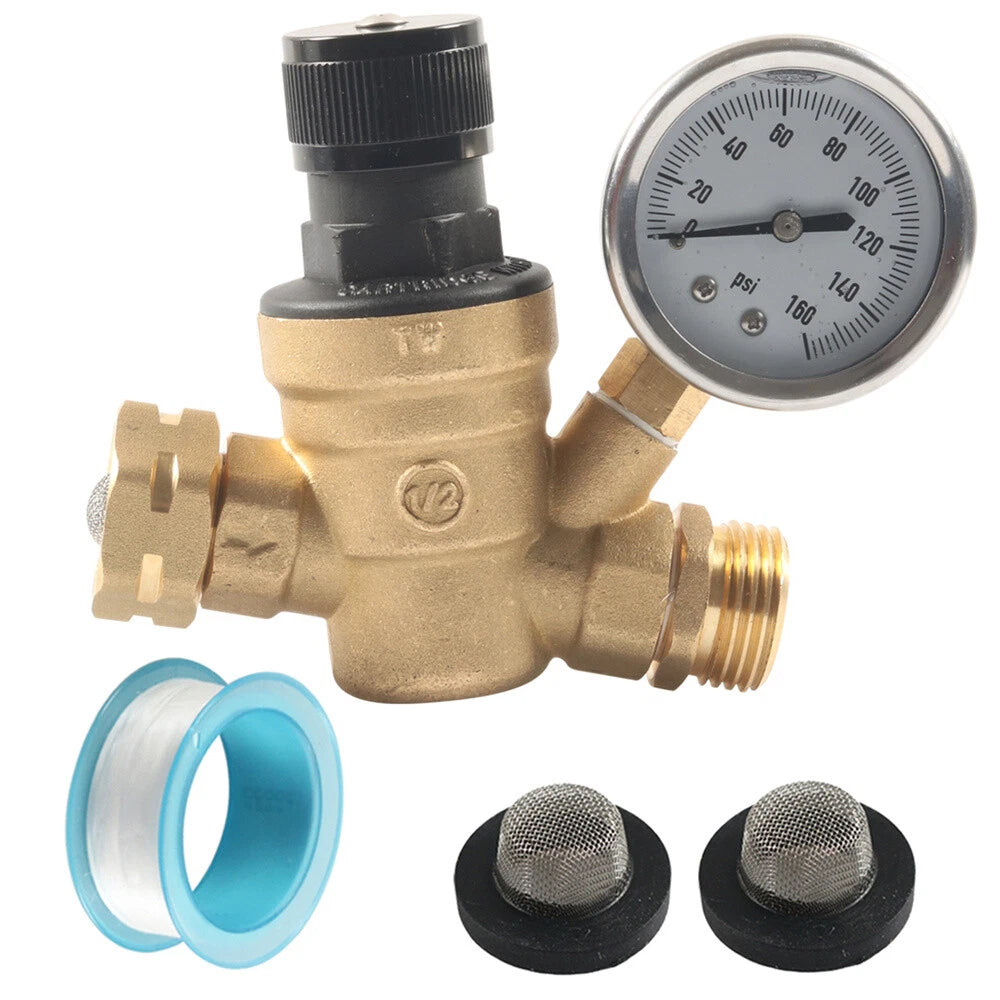 Adjustable RV Water Pressure Regulator Valve with Oil Gauge for Camper