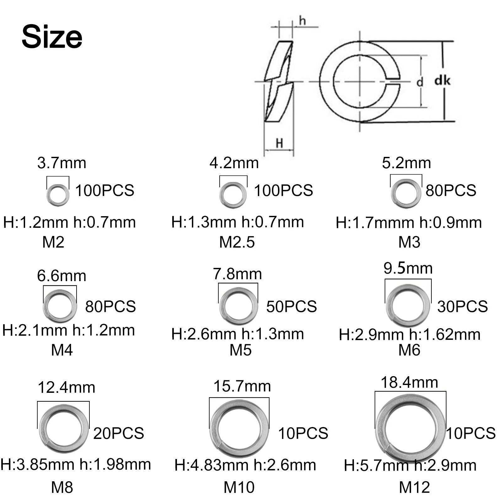 480pcs Assorted Spring Lock Washers Stainless Steel for Construction