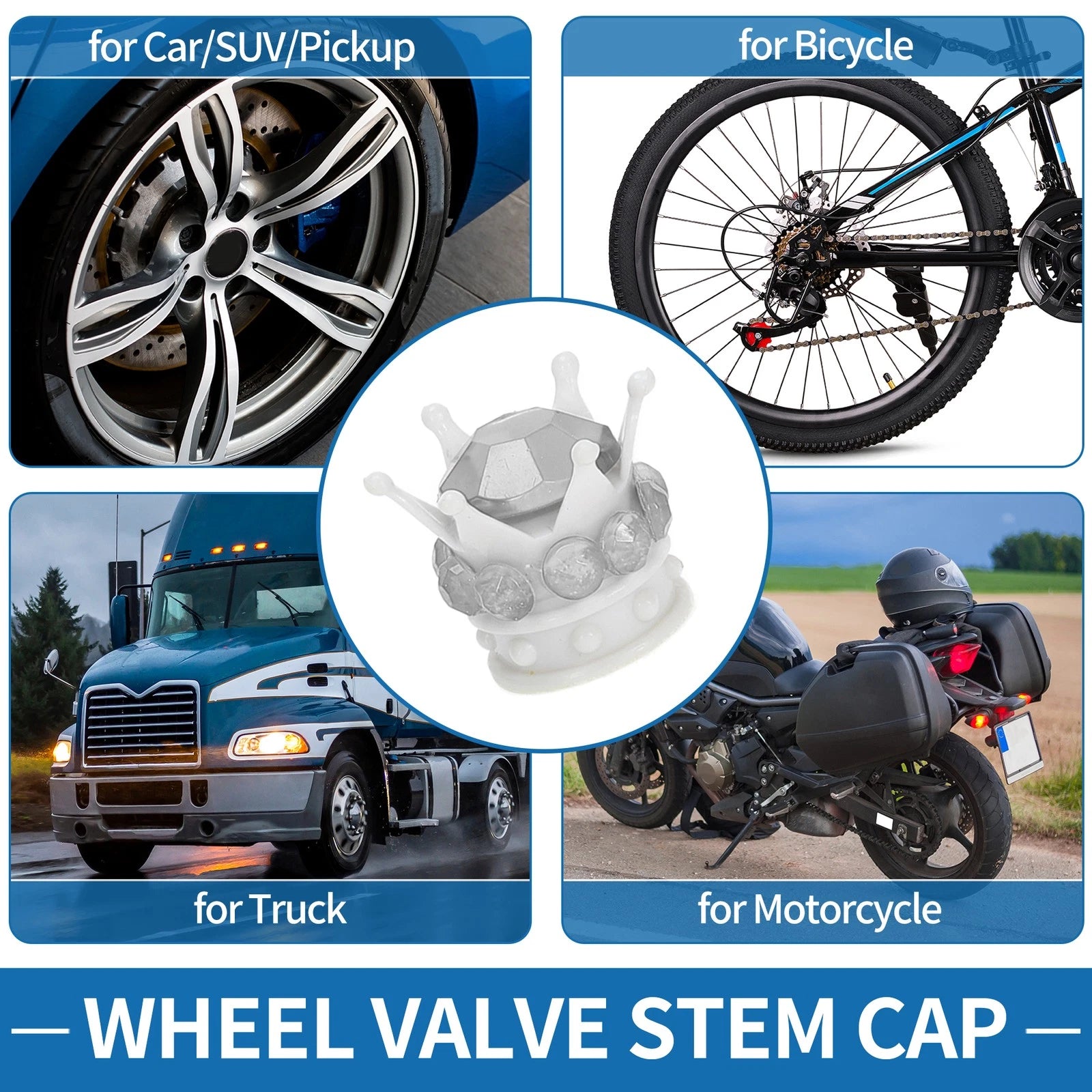 Valve Stem Caps White Silver Tone Replacement for Car Bike RV 4 Pack (Qty 4)