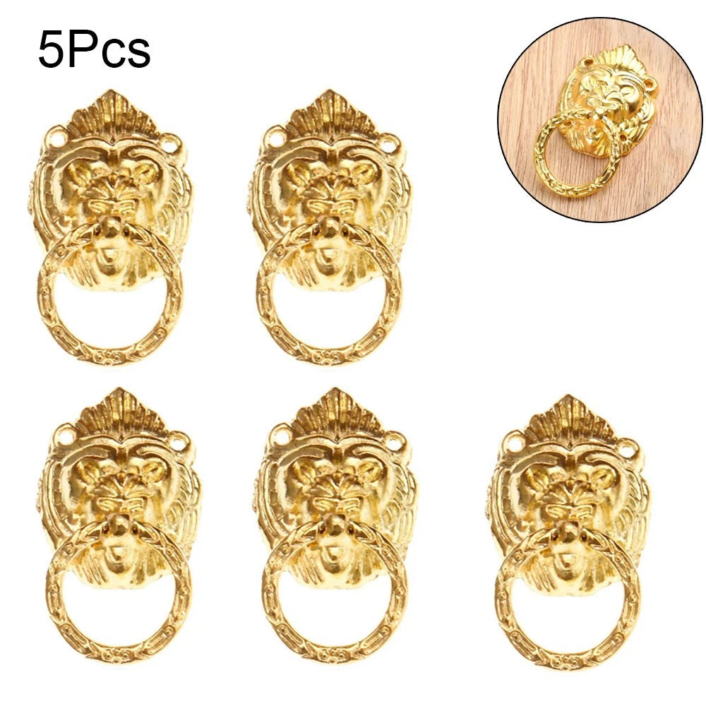 5X Gold Zinc Alloy Lion Head Drop Ring Handle Knobs for Cabinets