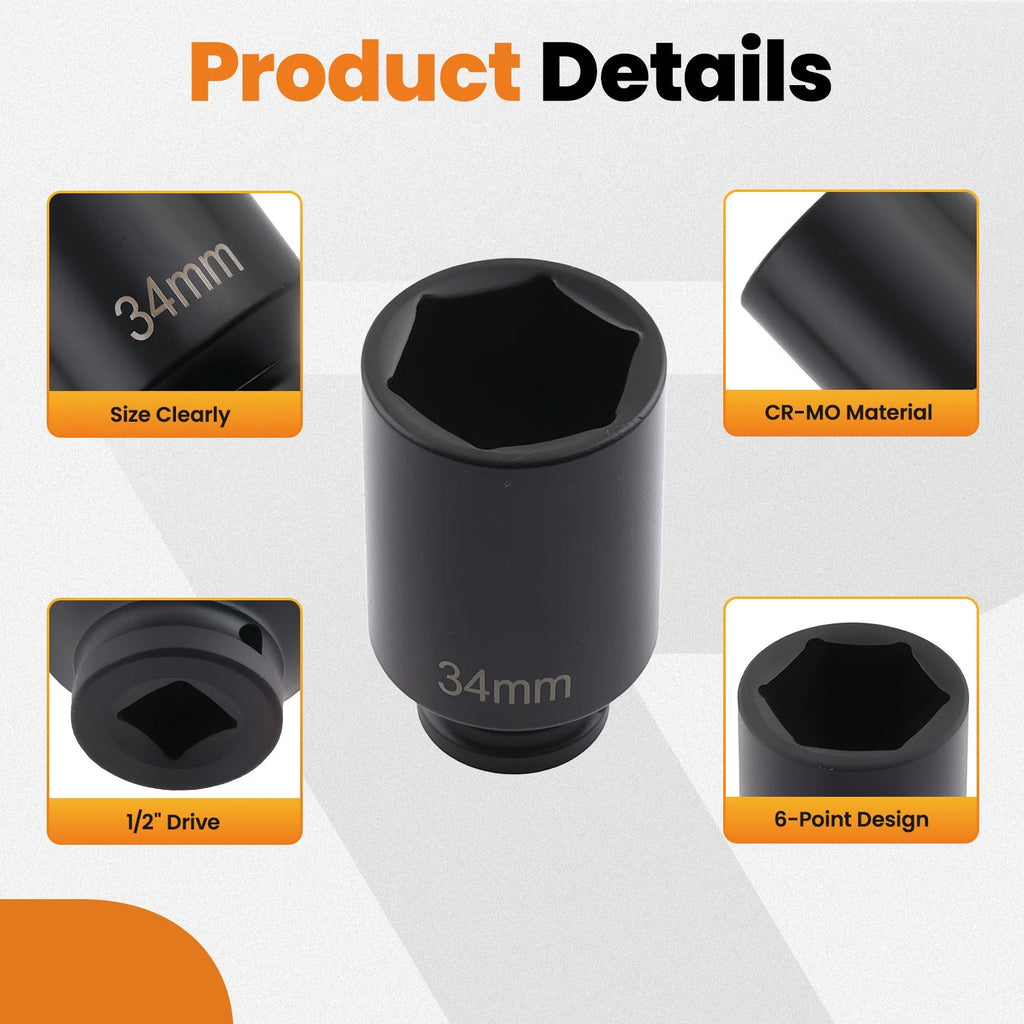 5pc Deep Impact Socket Kit for Wheel Spindle Axle Nut (1/2" Drive)