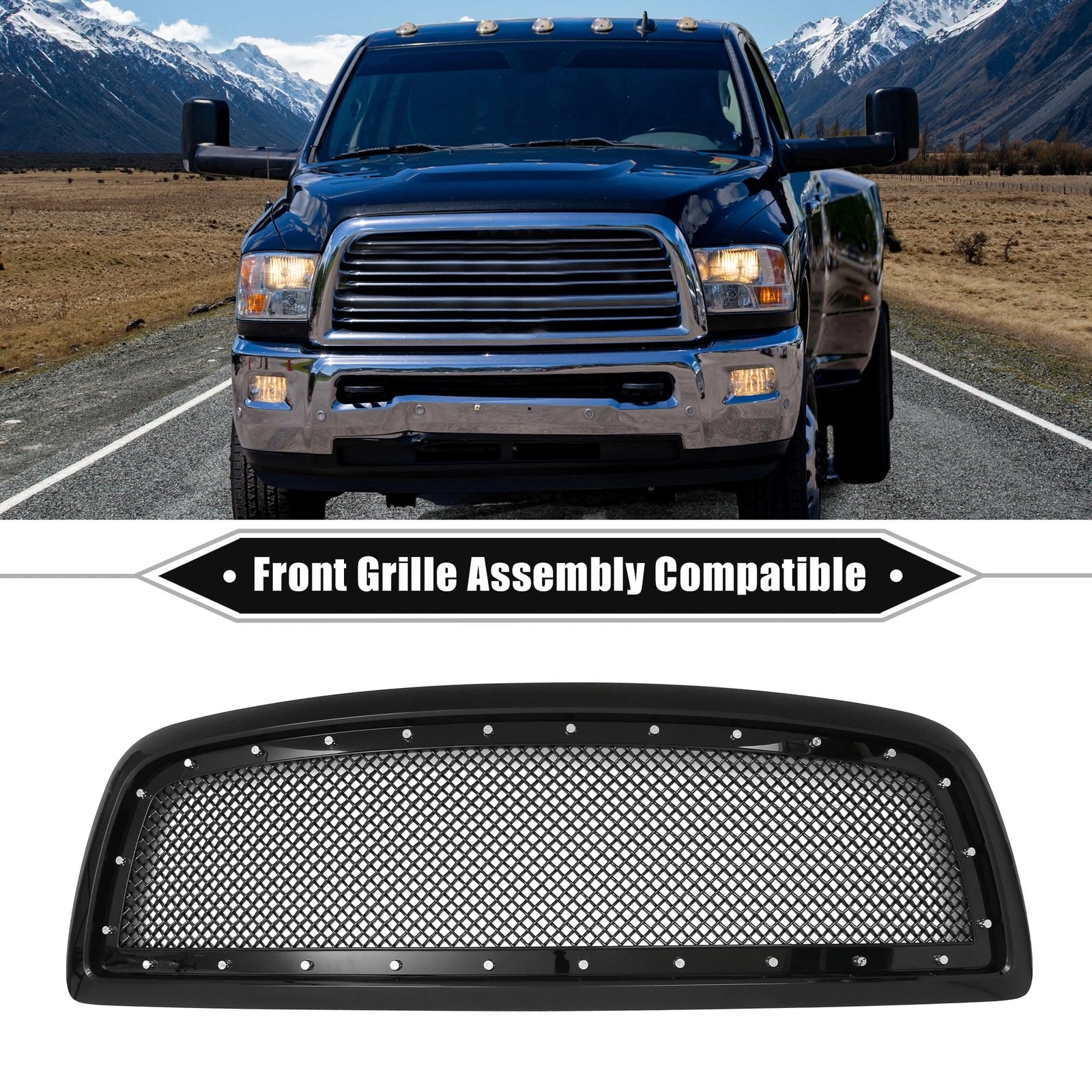 Front Grille Assembly with Rivet for Dodge Ram 1500 (2011–2012) Gloss Black