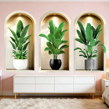 3PCS 3D Wall Art Stickers Green Potted Plants for Home Kitchen Hallway