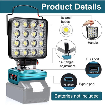 16 LED Work Light with USB Port and 360° Adjustable Head
