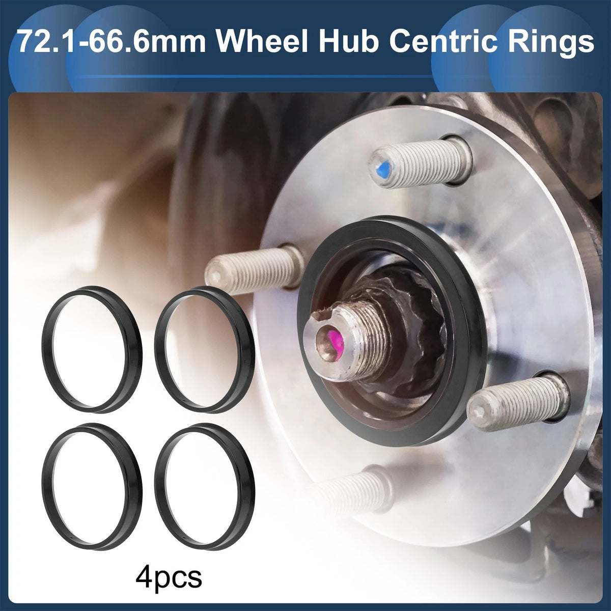 Set of 4 Wheel Hub Centric Rings 72.1mm to 66.6mm Black Polycarbonate