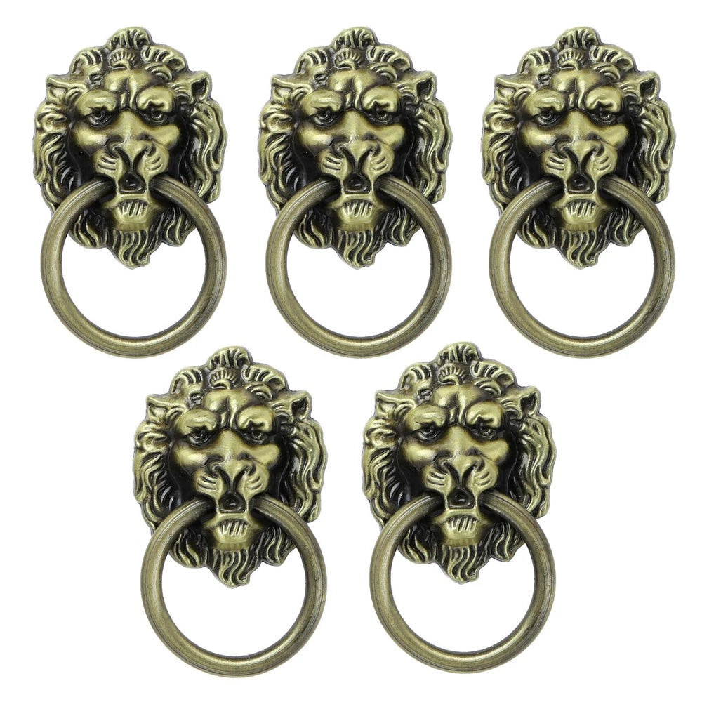 5Pc Antique Lion Head Door Knob Pull Handle Hardware for Cabinets