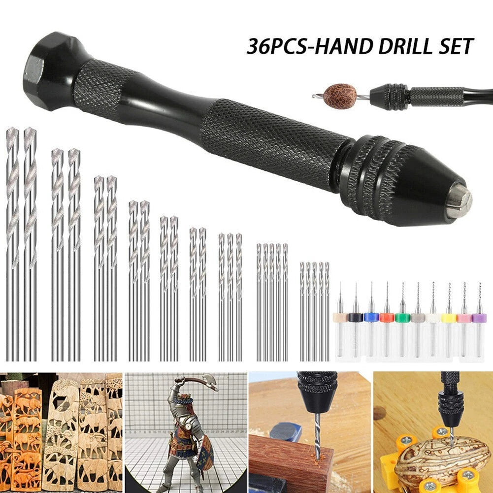 36-Piece Hand Drill Bits Set for Jewelry Making with Keyless Chuck