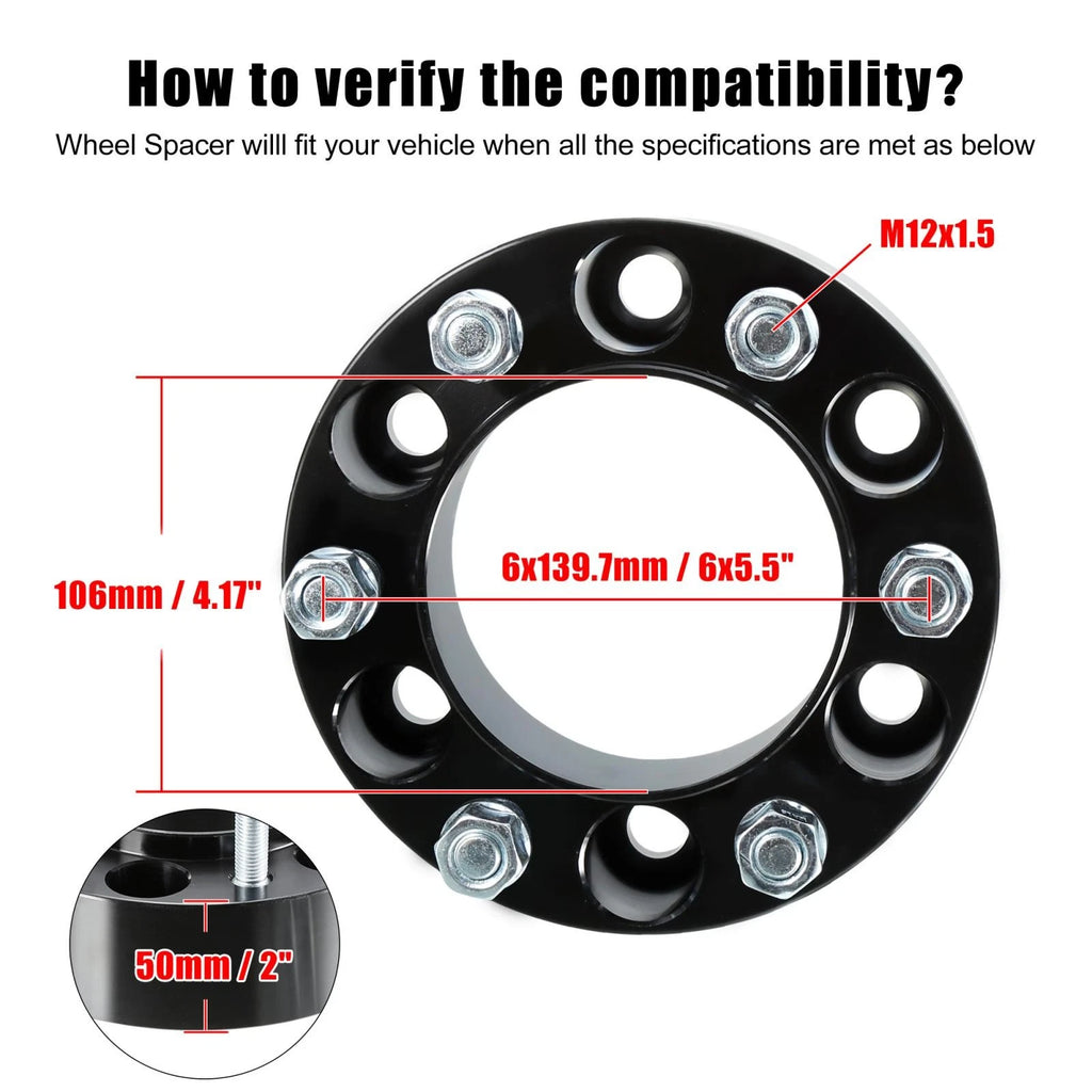 4PC Wheel Spacers Adapters 2 Inch 6 Lug M12x1.5 for Black (2000–2025)