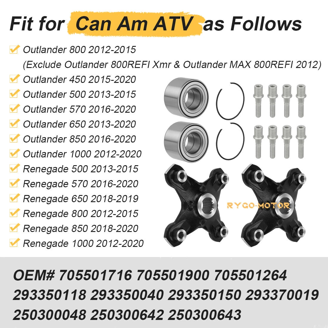 2 Front/Rear Wheel Hubs & Bearings for Can-Am Renegade 1000 850 800R 650 570 500