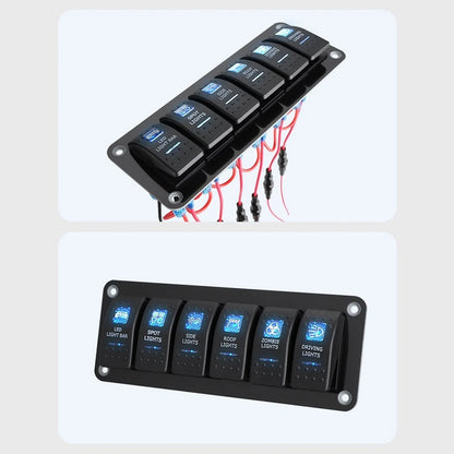 6 Gang Rocker Switch Panel for Vehicles 12V 24V with 10A Circuit Protection