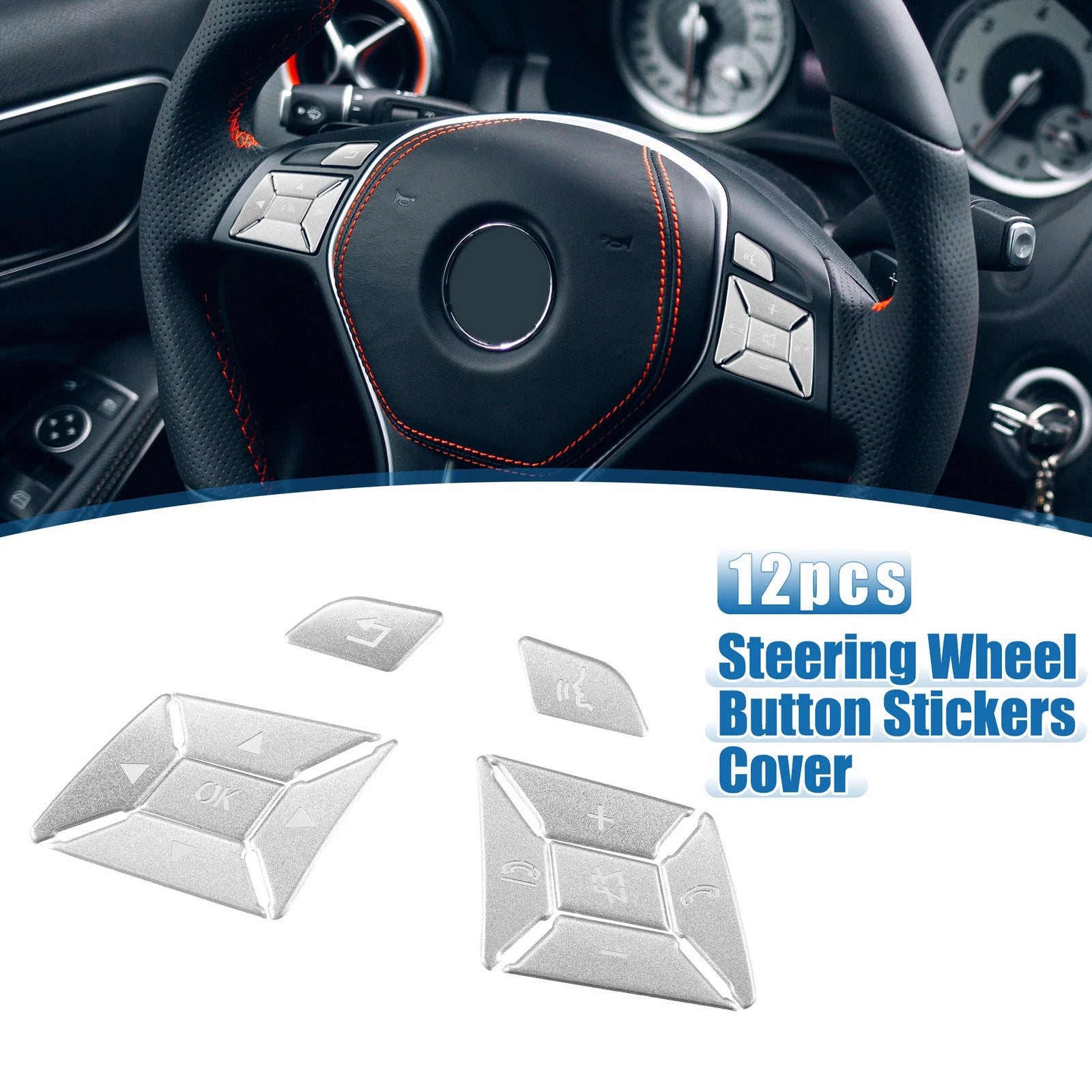 Steering Wheel Button Stickers Cover for Mercedes Benz Silver Tone Set