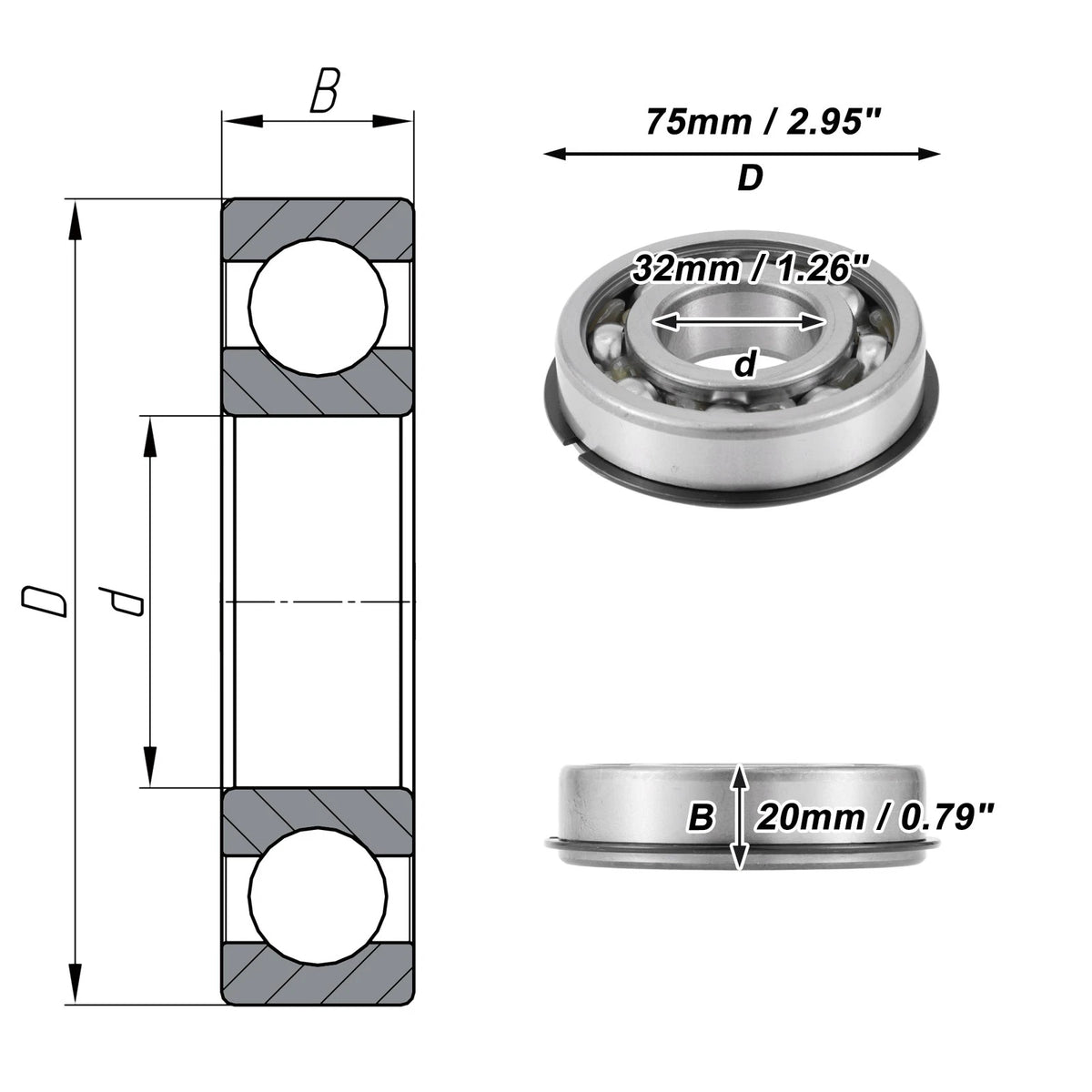 Deep Groove Ball Bearing 32x75x20mm for Scooter Skateboard (1 Pc)