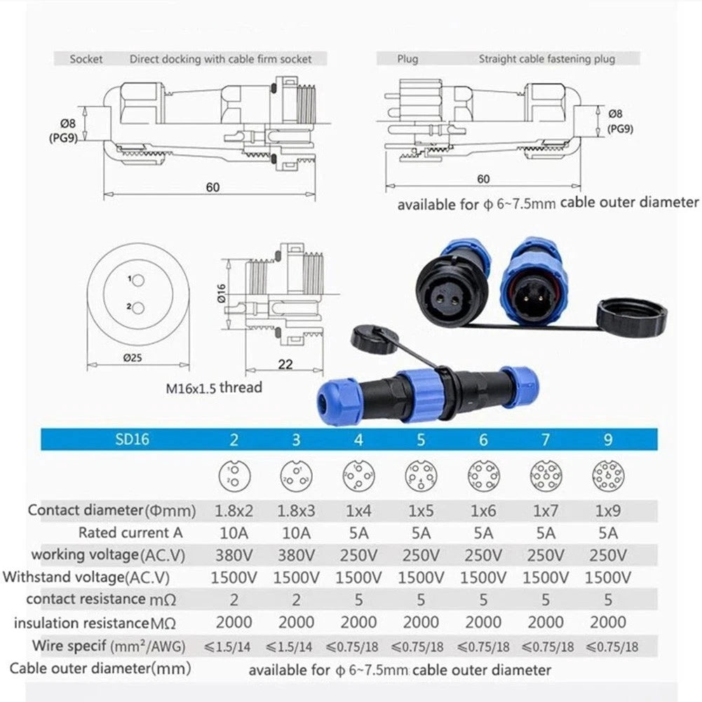 SP16 IP68 Waterproof Aviation Socket Cable Connector 3/4/5/6/7/9Pin