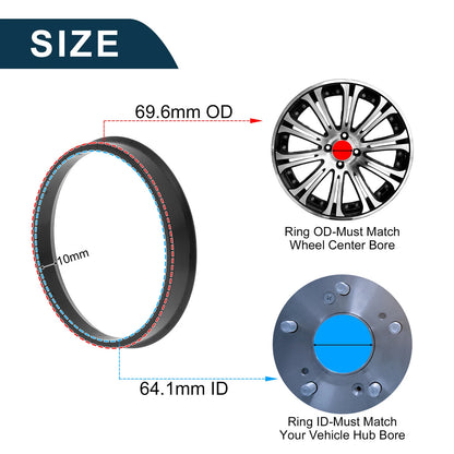 Set of 4 Wheel Hub Centric Rings 69.6mm to 64.1mm Black Polycarbonate
