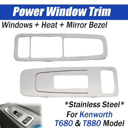 Stainless Steel Power Window Switch Bezel Trim Set for Kenworth T680 T880 (2016–2023)