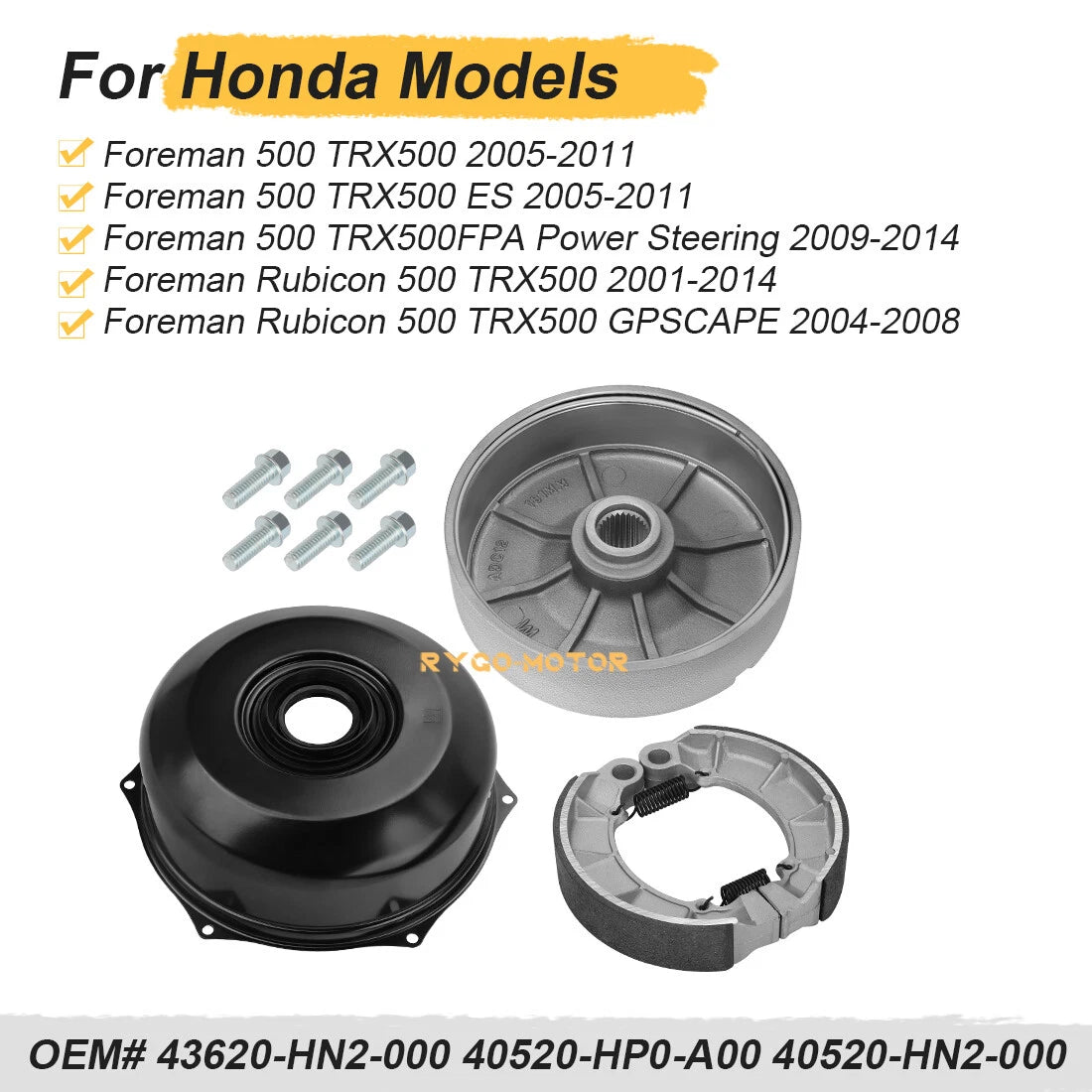 Rear Brake Drum & Cover w/Shoes for Honda Rubicon 500 TRX500FA/FGA/FPA (2001–2014)