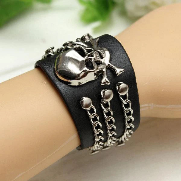 Skull Head Bracelet for Punk Rock Style (Black PU Leather)