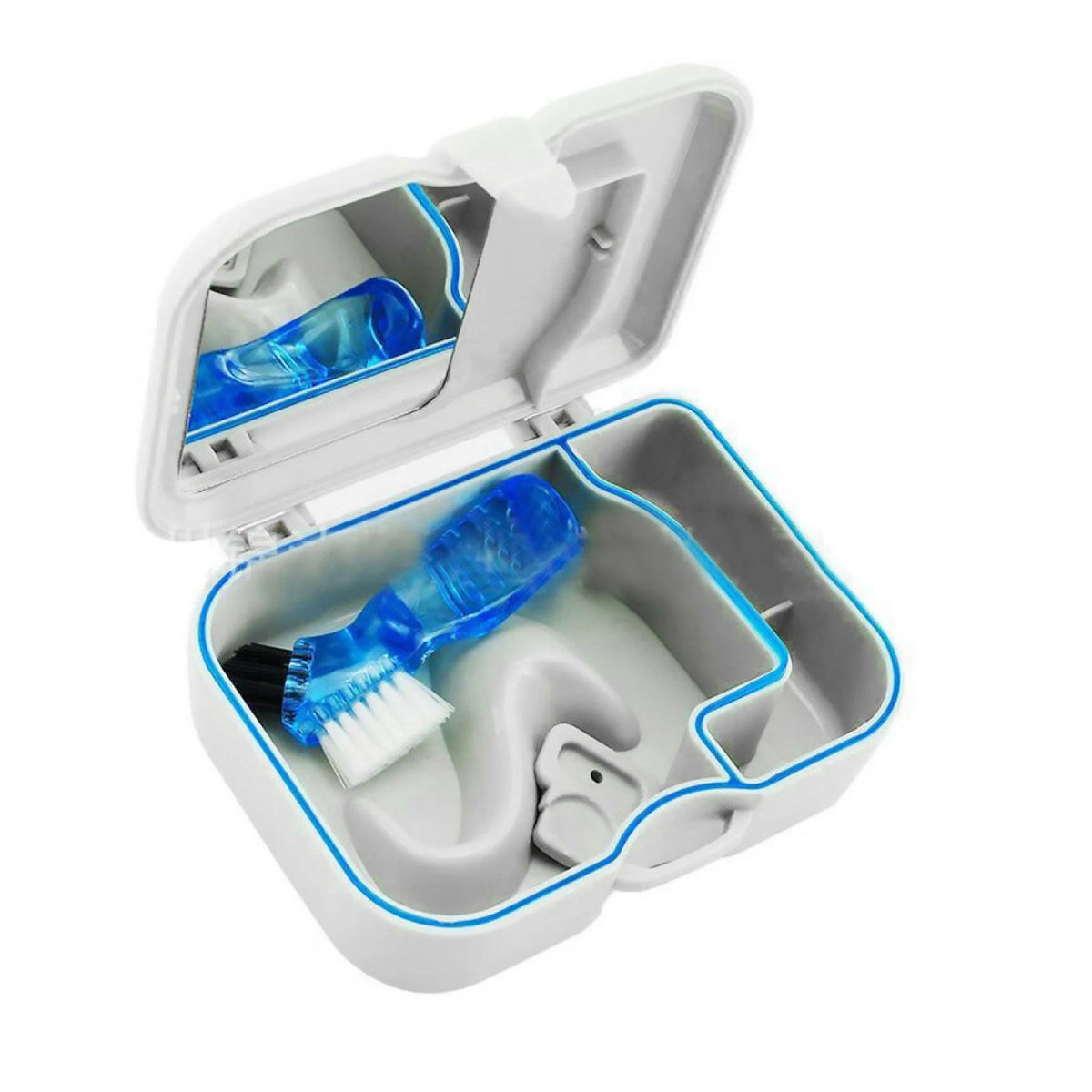 Denture Storage Case with Mirror & Cleaning Brush for False Teeth