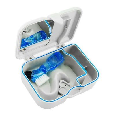 Denture Storage Case with Mirror & Cleaning Brush for False Teeth