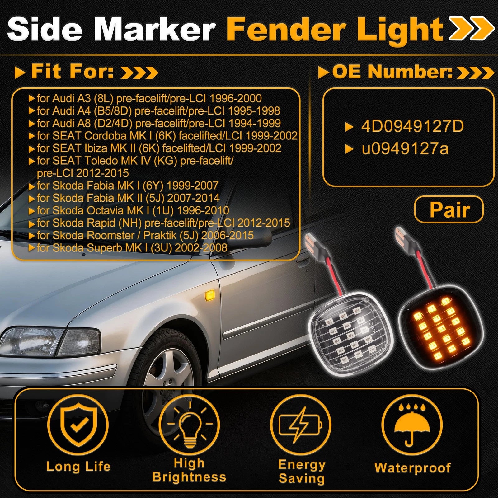 Side Marker Fender Light 4D0949127D for Audi A3 (1996–2003)