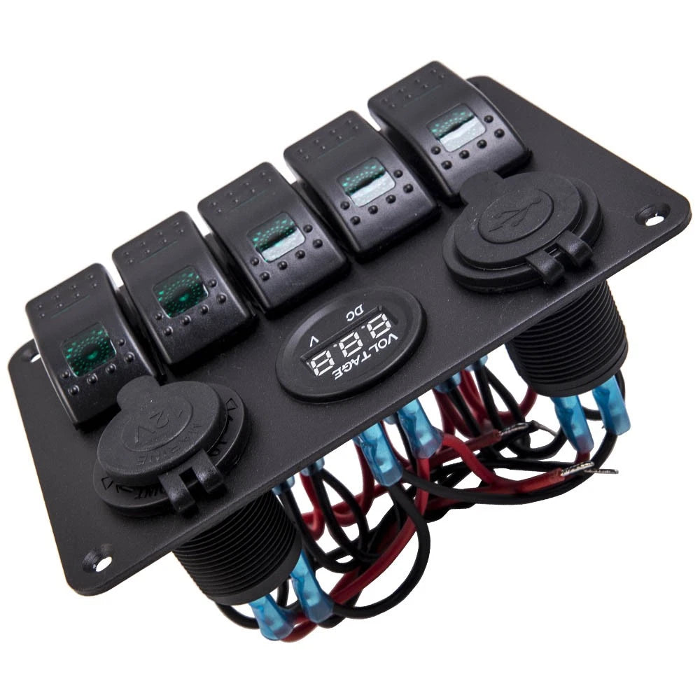 5 Gang LED Toggle Switch Panel with 2 USB Charger for Car Boat Marine