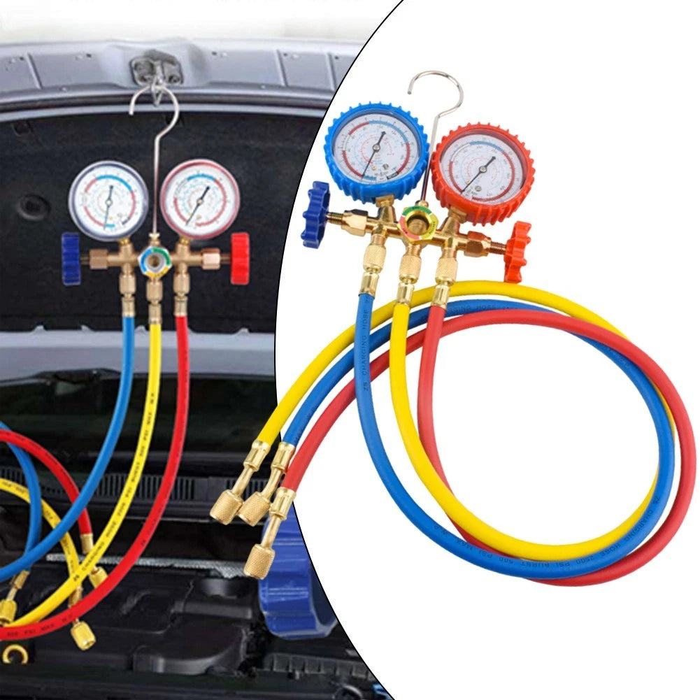 Brass Manifold Gauge Set with Color Coded Gauges and Hoses