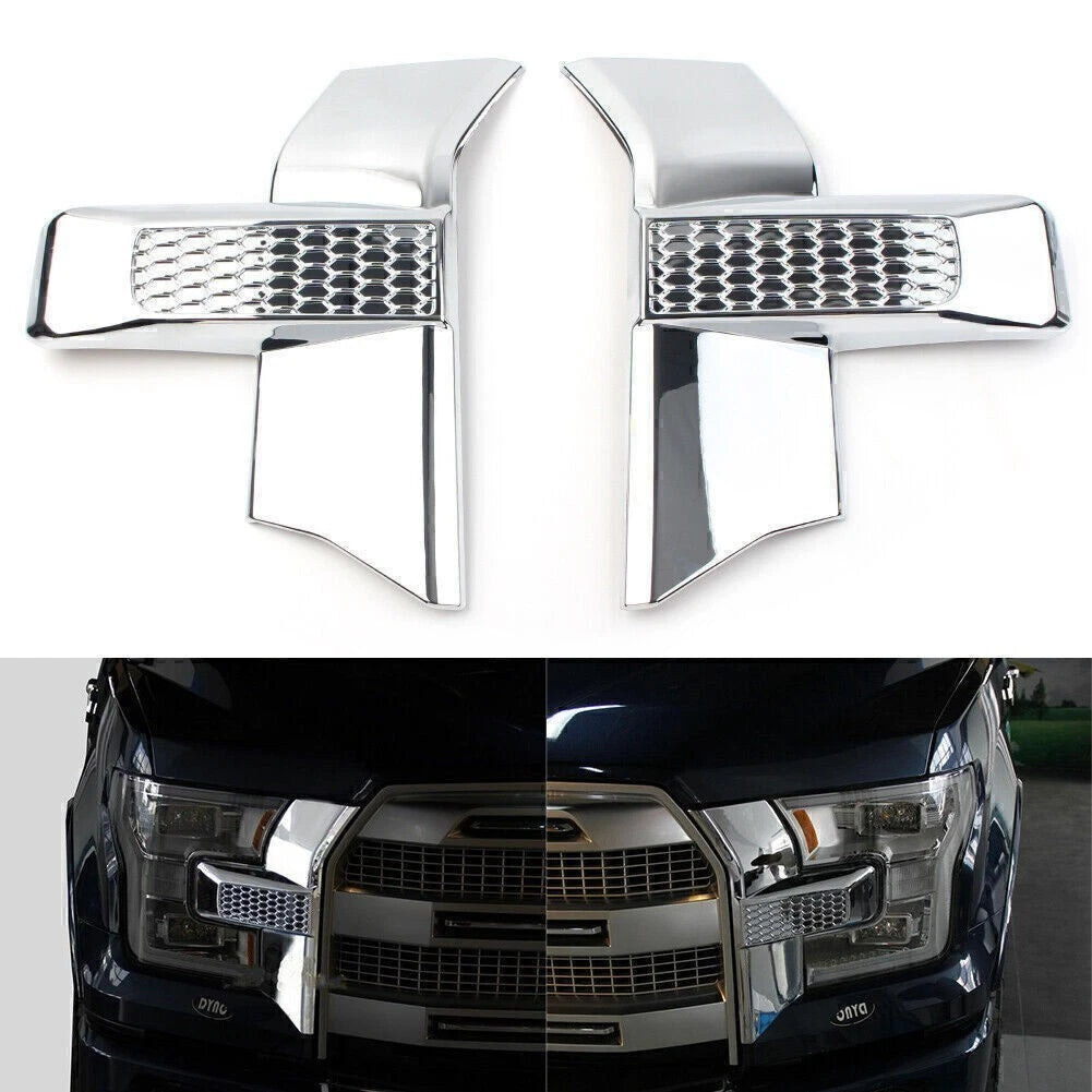 Pair Front Bumper Headlight & Grille Cover Trim for Ford F150 (2015–2017) Chrome
