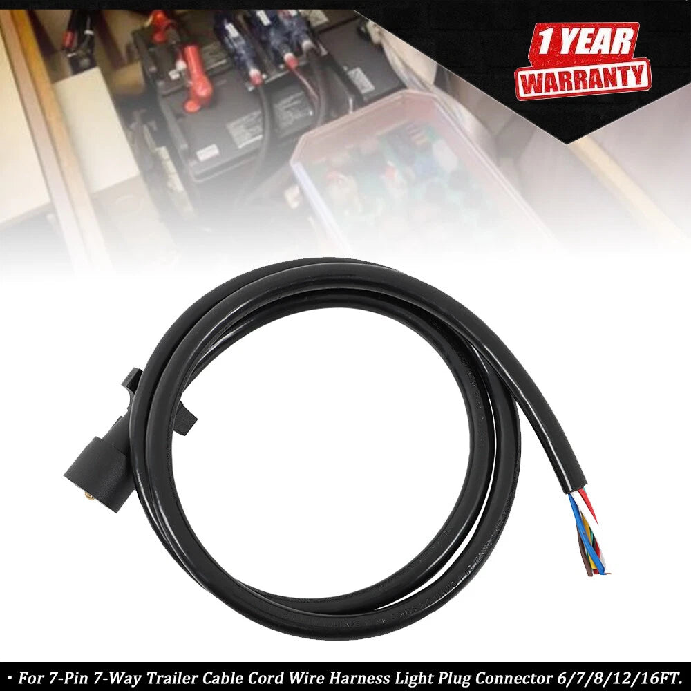 7-Pin 7-Way Trailer Cable Cord Wire Harness Light Plug Connector (6/7/8/12/16FT)