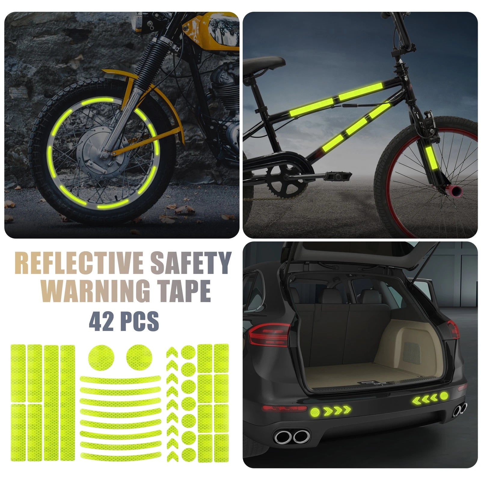 Reflective Safety Warning Tape Set for Motorcycle Bike (Yellow) (42 Pack)