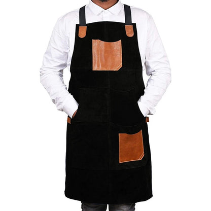 Double Faced Fleece Apron with Multiple Pockets and PU Leather Contrast