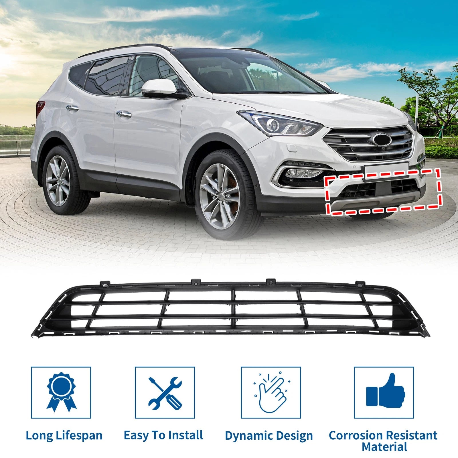 Lower Grille Front Bumper Grille Replacement for Hyundai Santa Fe (2017–2018)