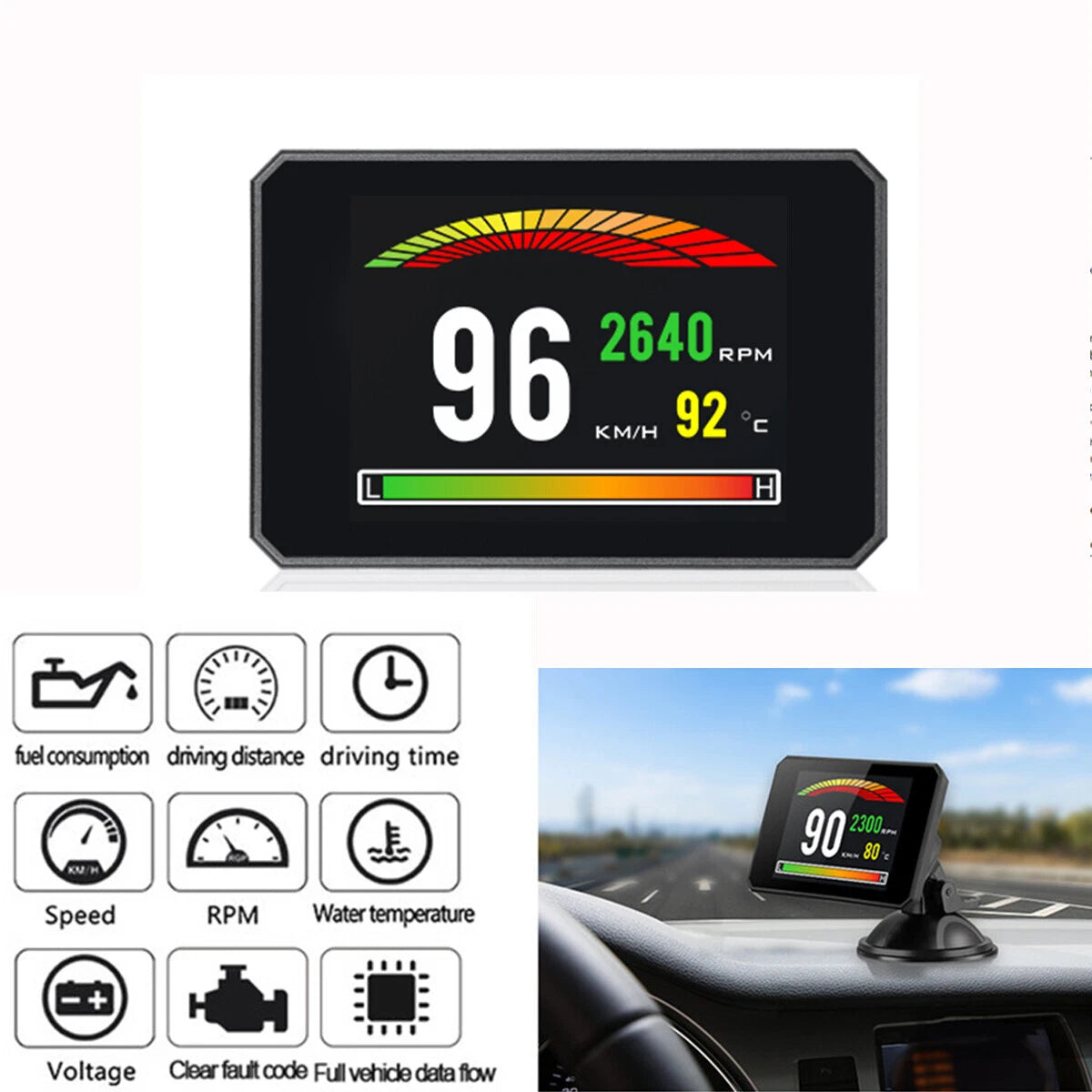 3.9" HD TFT OBD2 HUD Head-Up Display Speedometer Oil Water Temp Gauge