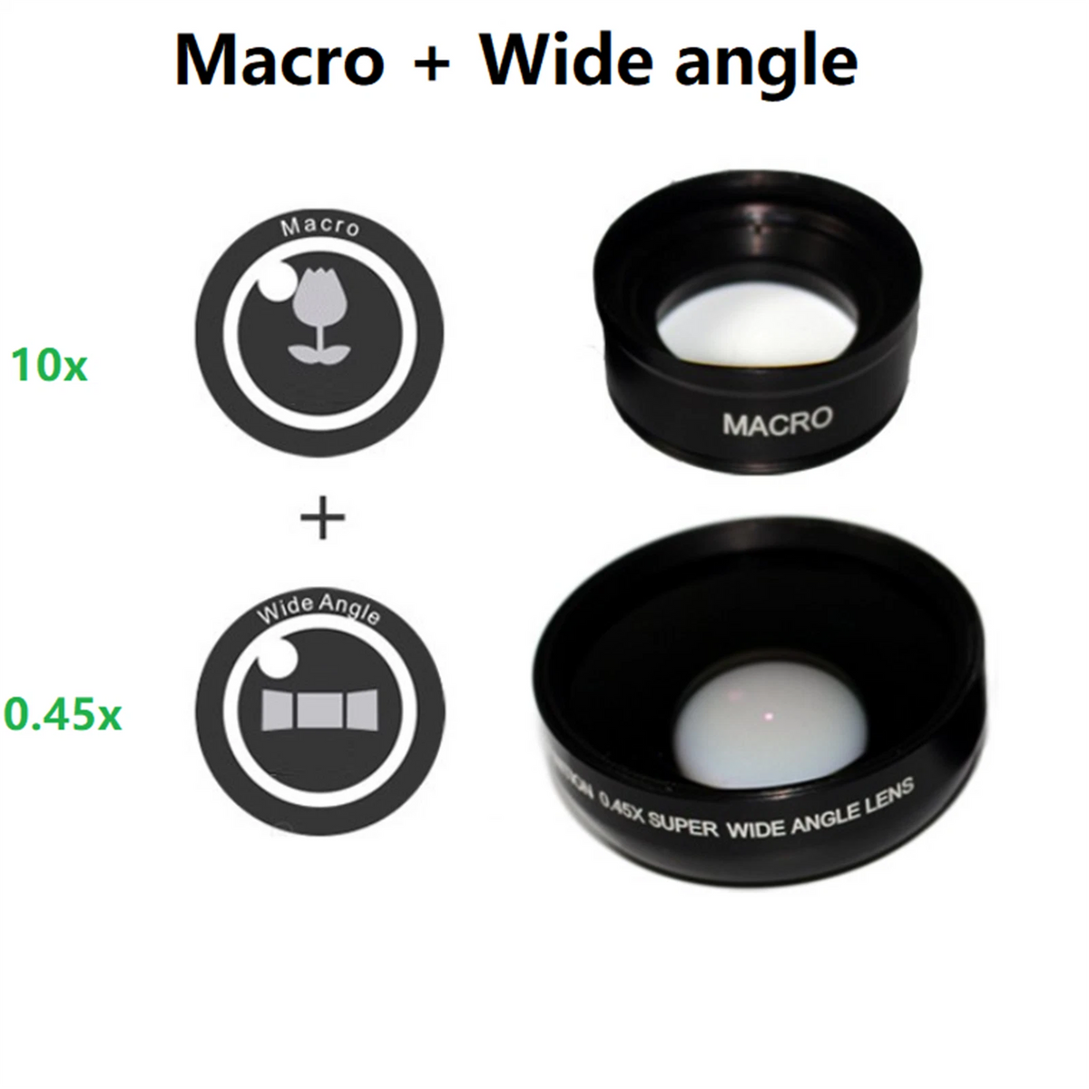 2X Mobile Phone Lens 0.45X Wide Angle & 10X Macro for Smartphones