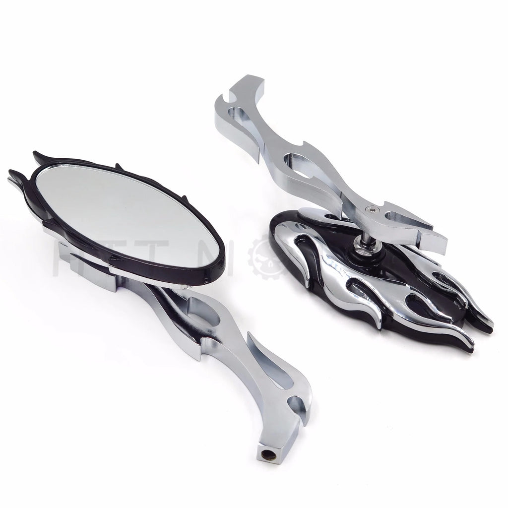 Chrome CNC Flame Rearview Side Mirror for Motorcycle Cruiser Chopper (8mm, 10mm)