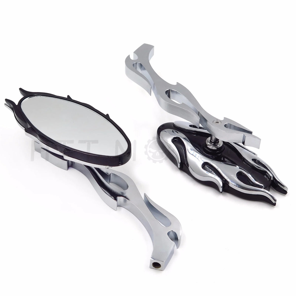 Chrome CNC Flame Rearview Side Mirror for Motorcycle Cruiser Chopper (8mm, 10mm)