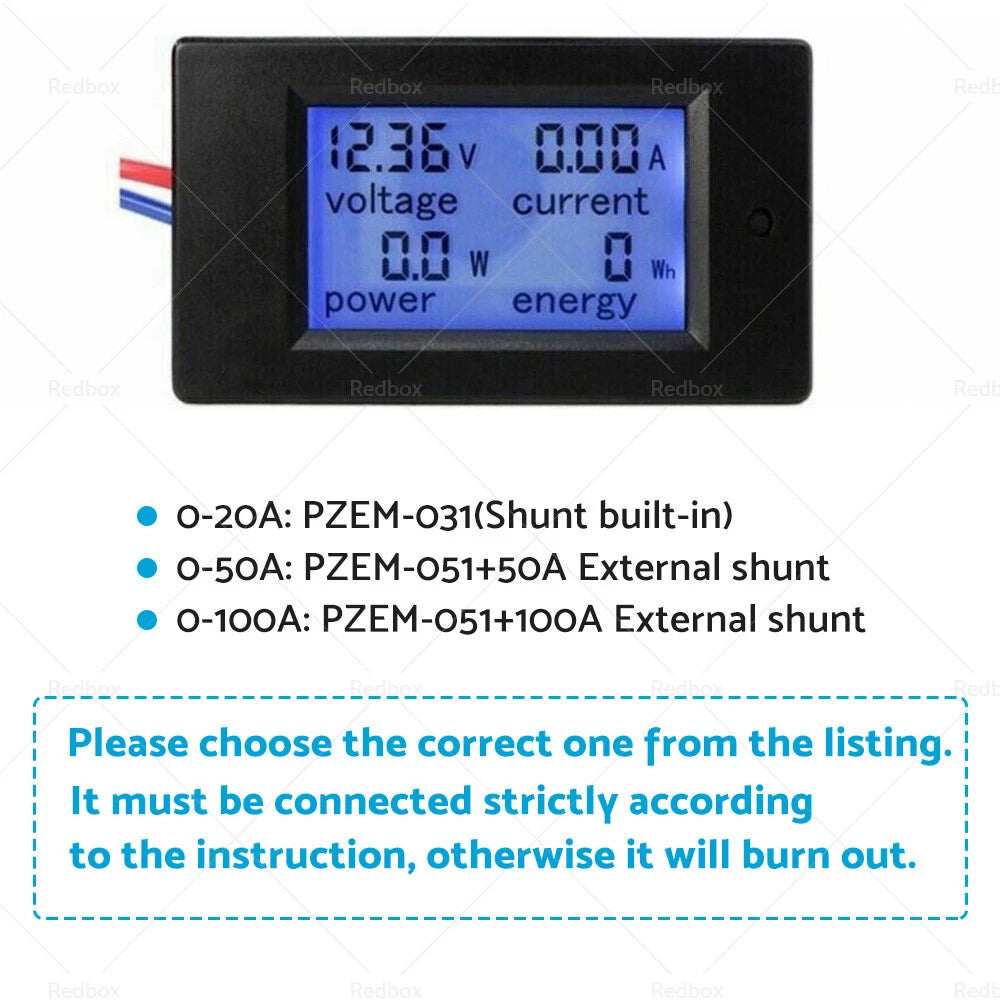 LCD Digital Volt Amp Power Watt Meter for DC 6.5-100V (20A, 50A, 100A)