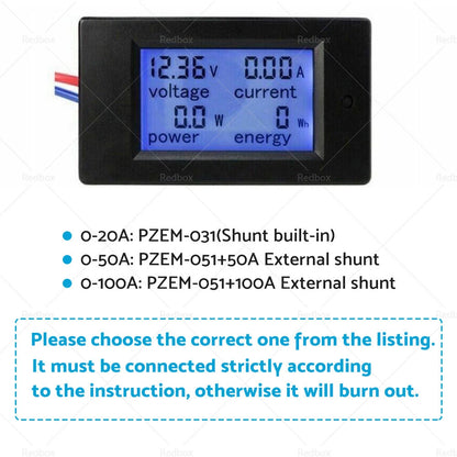 LCD Digital Volt Amp Power Watt Meter for DC 6.5-100V (20A, 50A, 100A)