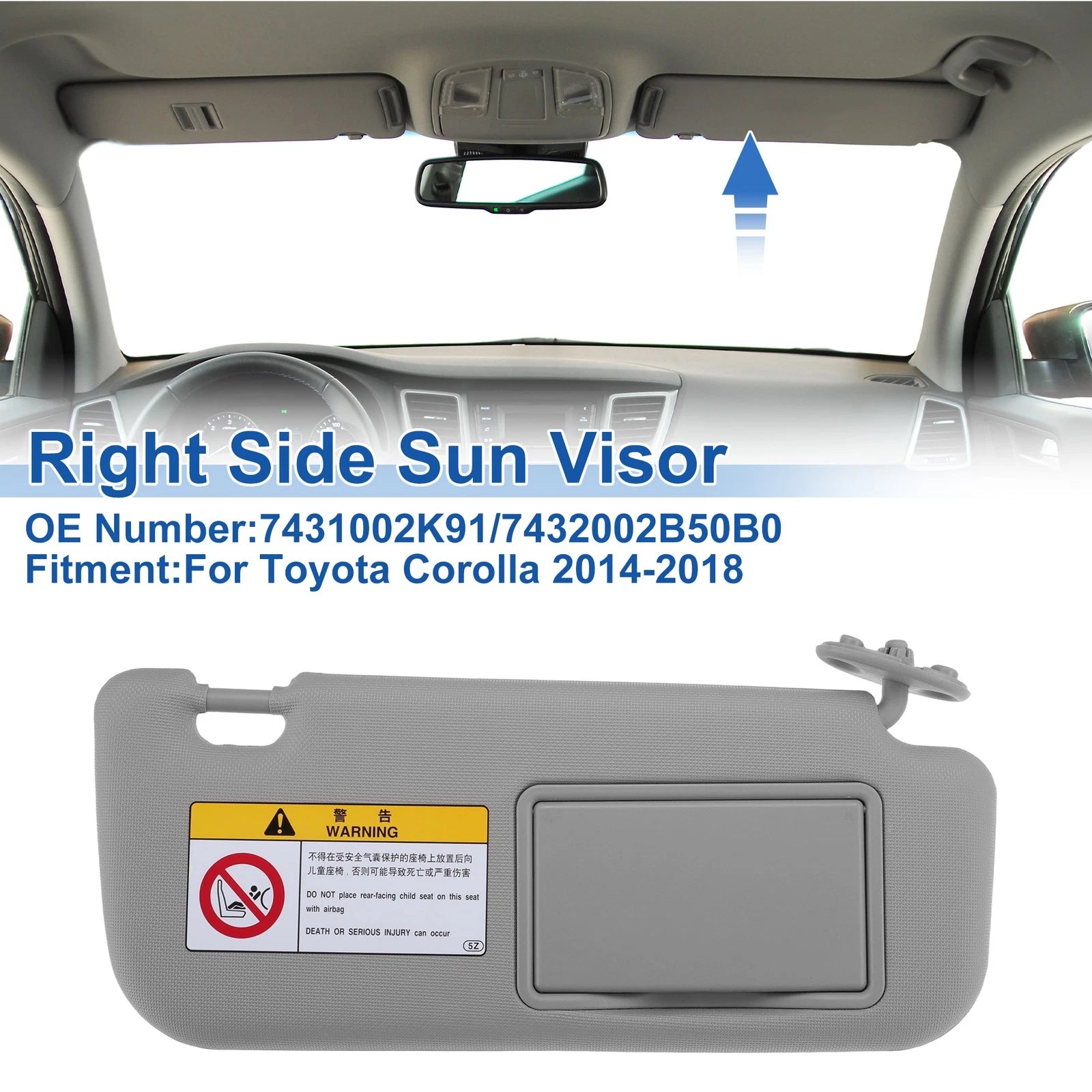 Right Side Sun Visor Gray Replacement for Toyota Corolla (2014–2018)