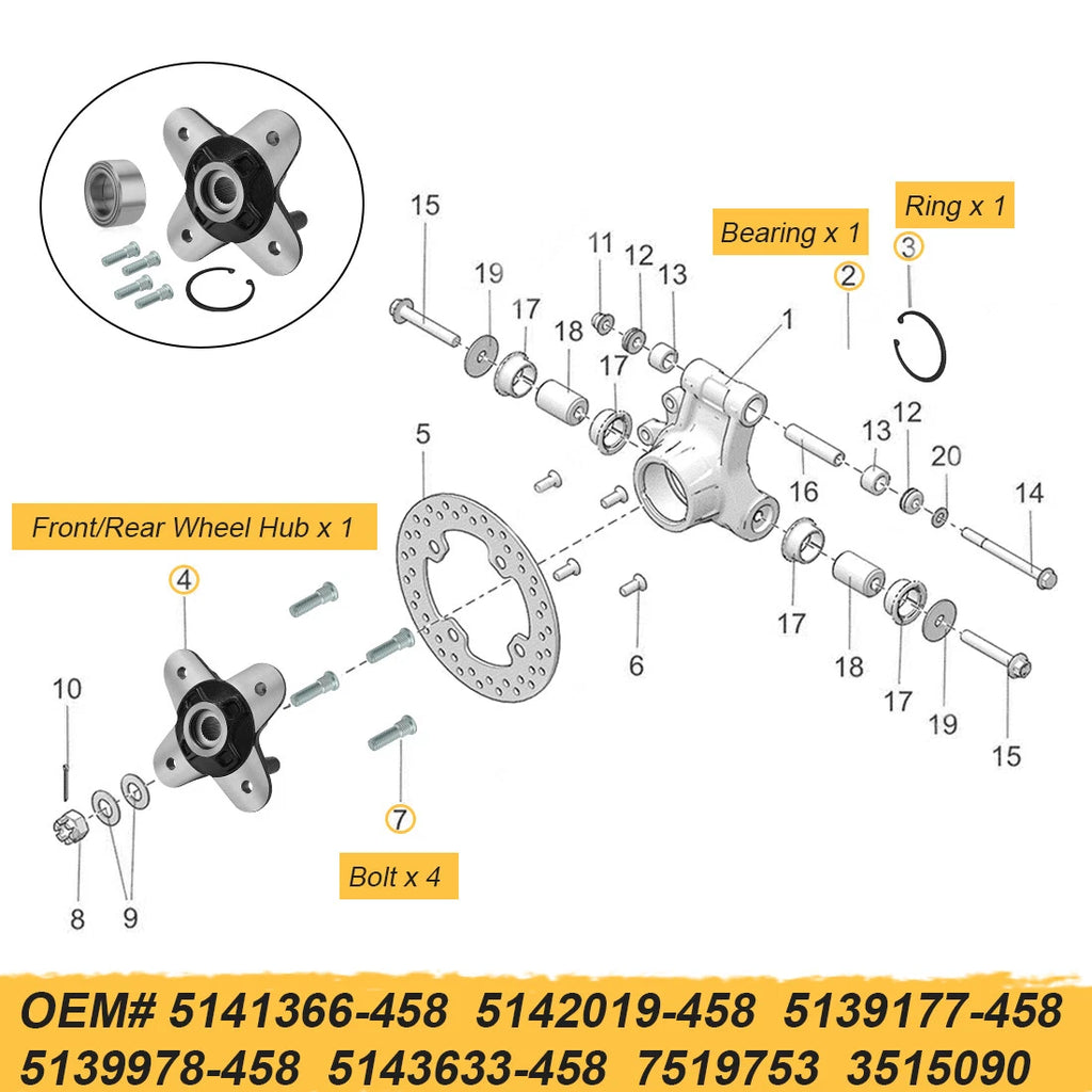 Wheel Hub with Bearing Bolts Kit for Polaris RZR 1000 900 (2015–2025)