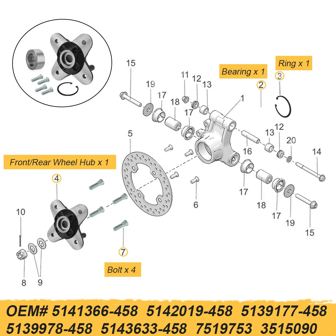 Wheel Hub with Bearing Bolts Kit for Polaris RZR 1000 900 (2015–2025)