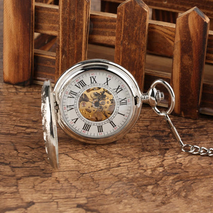 Silver Pocket Watch with Chain Hand-winding Mechanical Movement