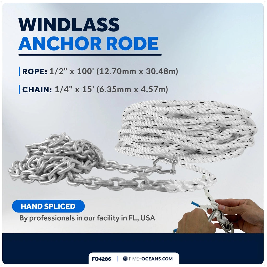 Windlass Anchor Rode 1/2"x100' Nylon Rope & 1/4"x15' Galvanized Chain