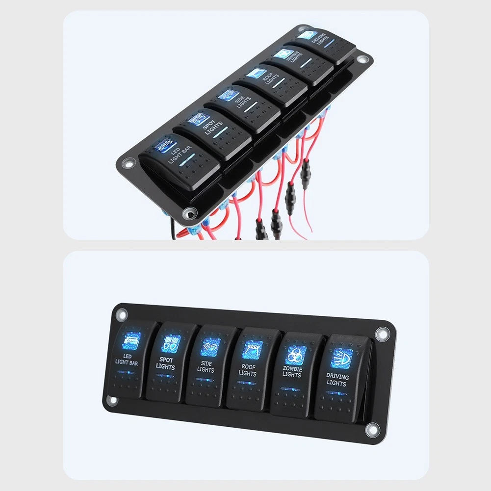 6 Gang Rocker Switch Panel with LED Indicators for Boat Trucks (12V 24V)