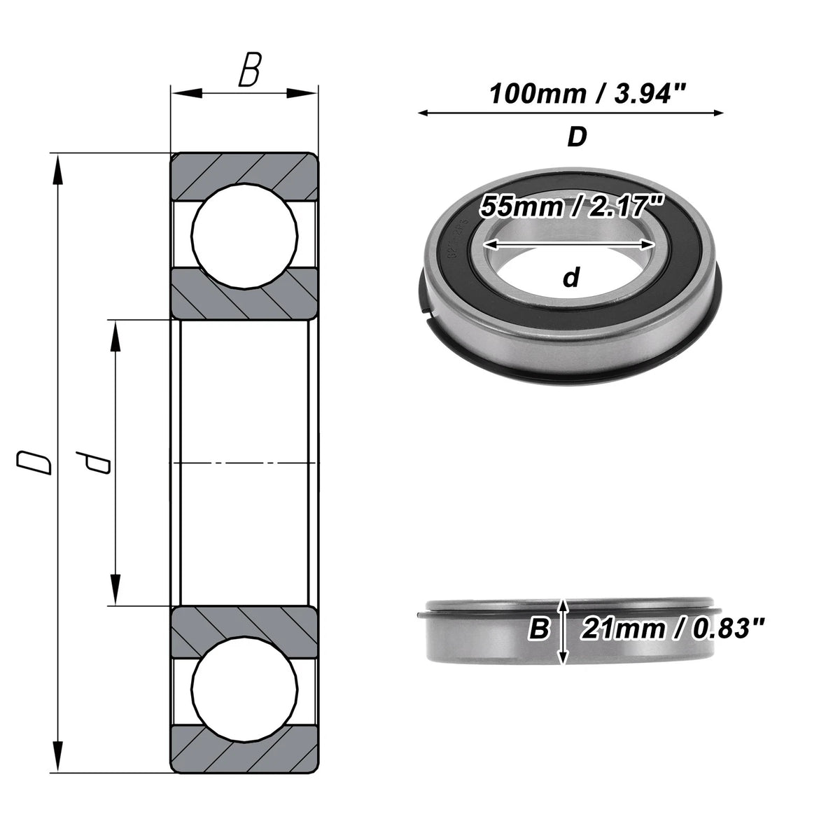 Deep Groove Ball Bearing 55x100x21mm for Scooter Skateboard (1Pc)