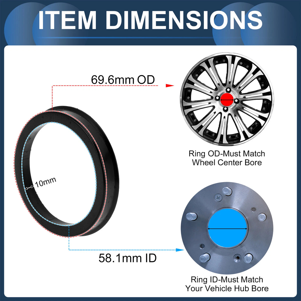 Set of 4 Wheel Hub Centric Rings 69.6mm to 58.1mm Black Polycarbonate