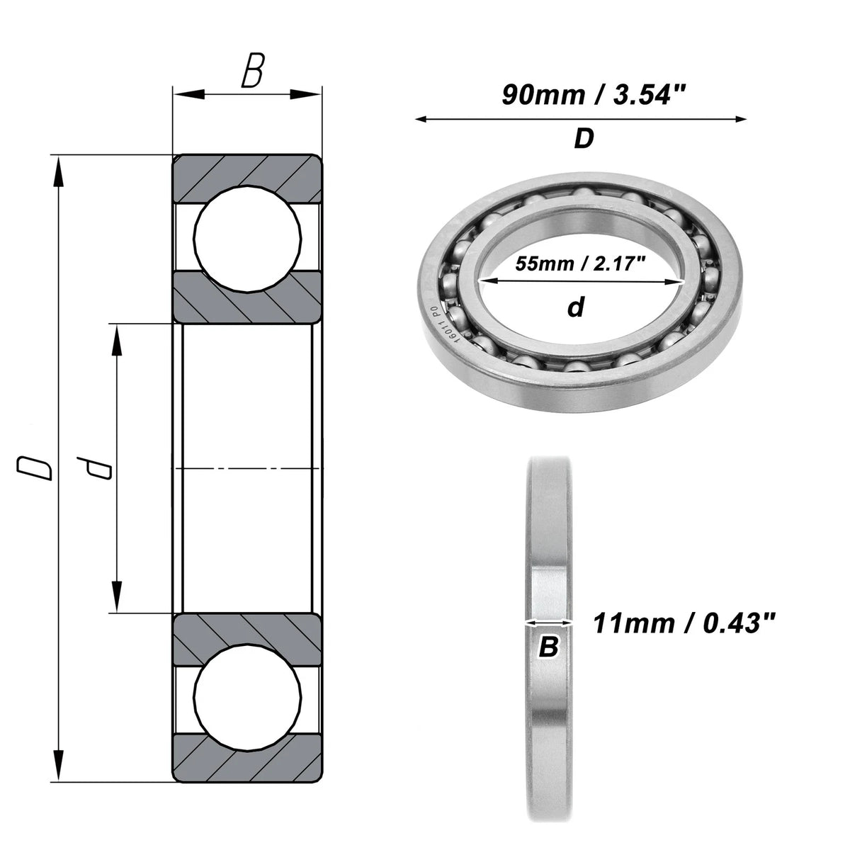 Deep Groove Ball Bearing 55x90x11mm for Scooter Skateboard (P0)