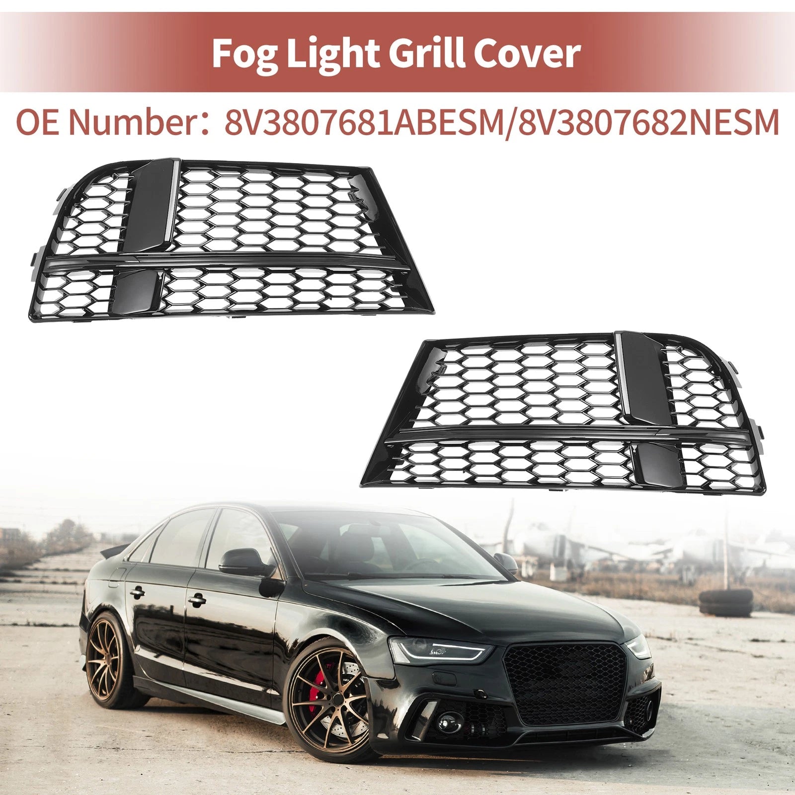 Front Fog Light Grill Pair for Audi A3 (2017–2020) Honeycomb OEM Replacement