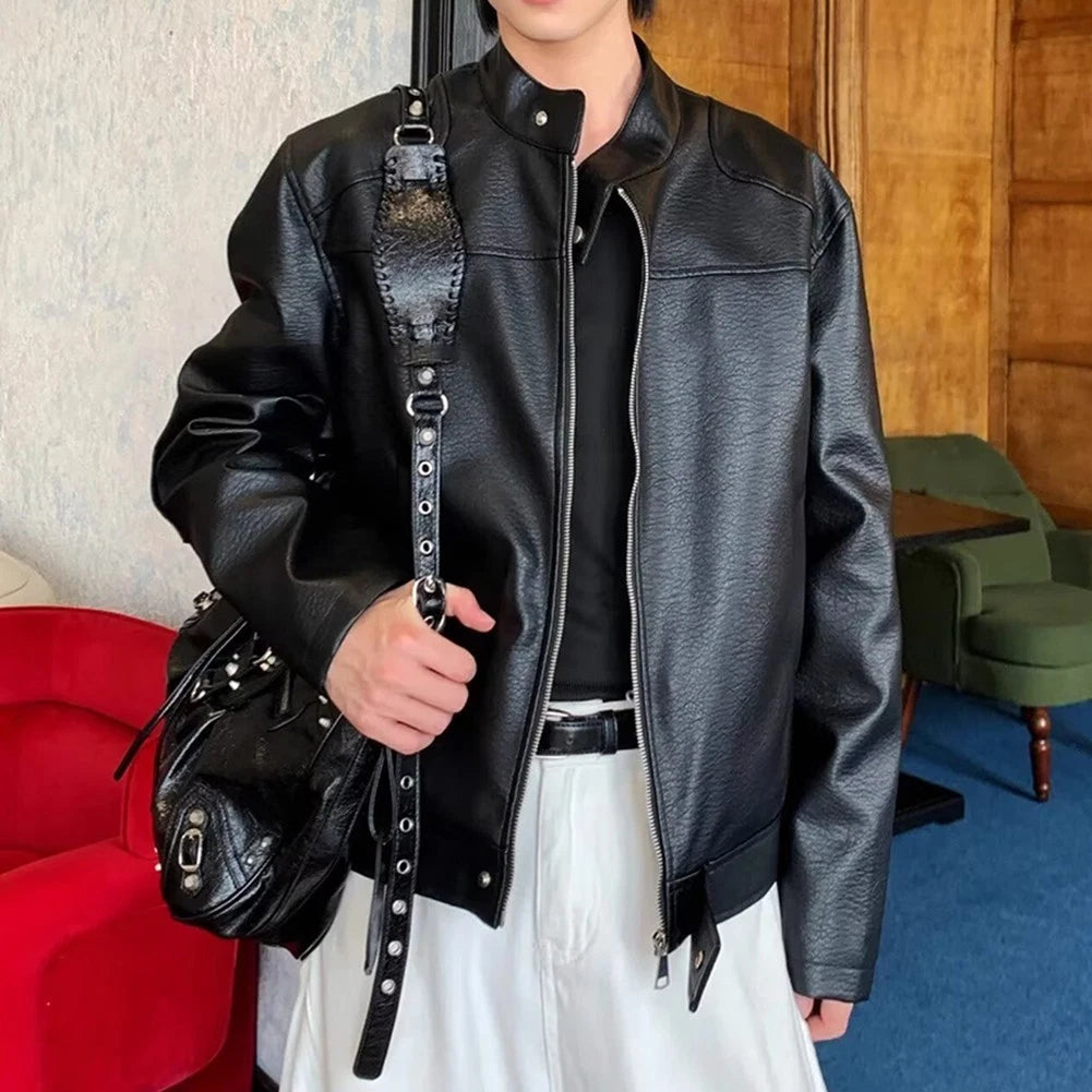 Imitation Leather Jacket for Men Retro Style Casual Engine Design