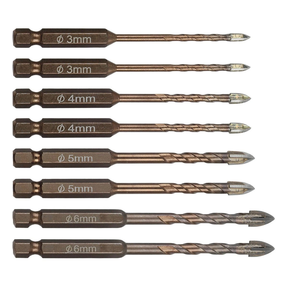 8-Piece Cross Hexagon Drill Bit Set for Wood, Plastic, Metal, Glass